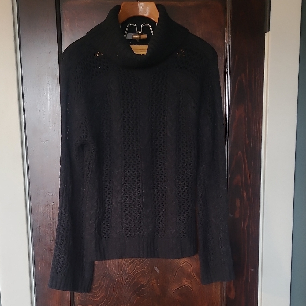 Marled Black Openwork Cowl Neck Sweater